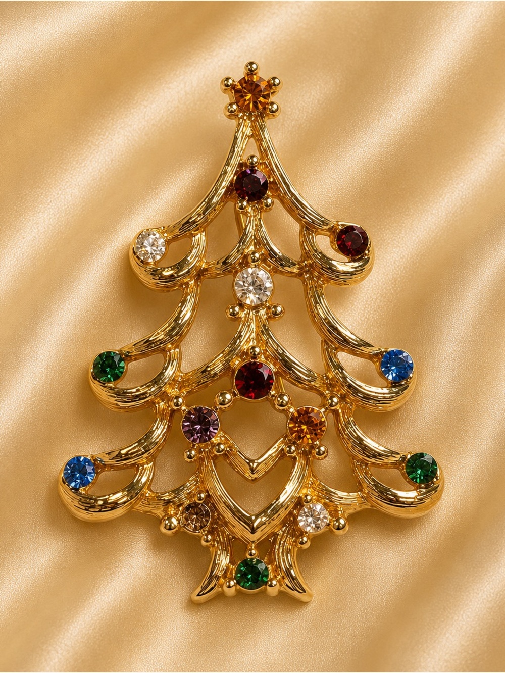 Vintage MONET Christmas Tree Brooch Multicolor Rhinestone Gold Tone Holiday Pin